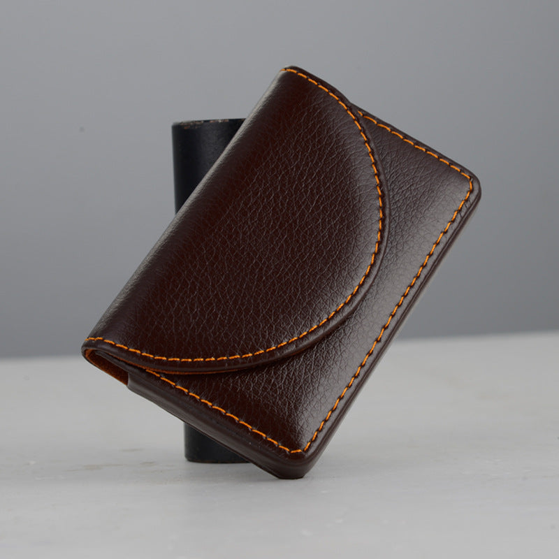 Brown leather card holder side view