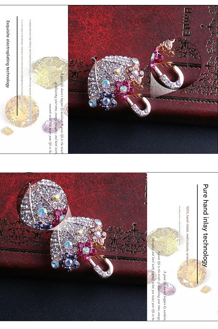 Elegant Rhinestone Umbrella Brooch front view