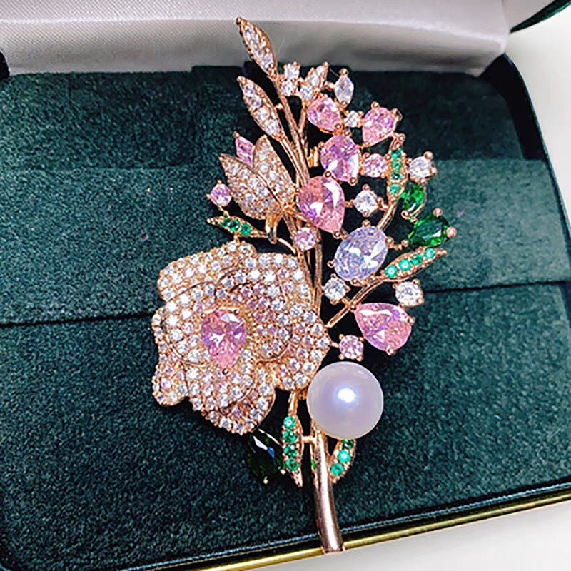 Alloy rhinestone rose bouquet brooch front view