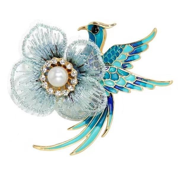 Vintage embroidered floral brooch blue phoenix