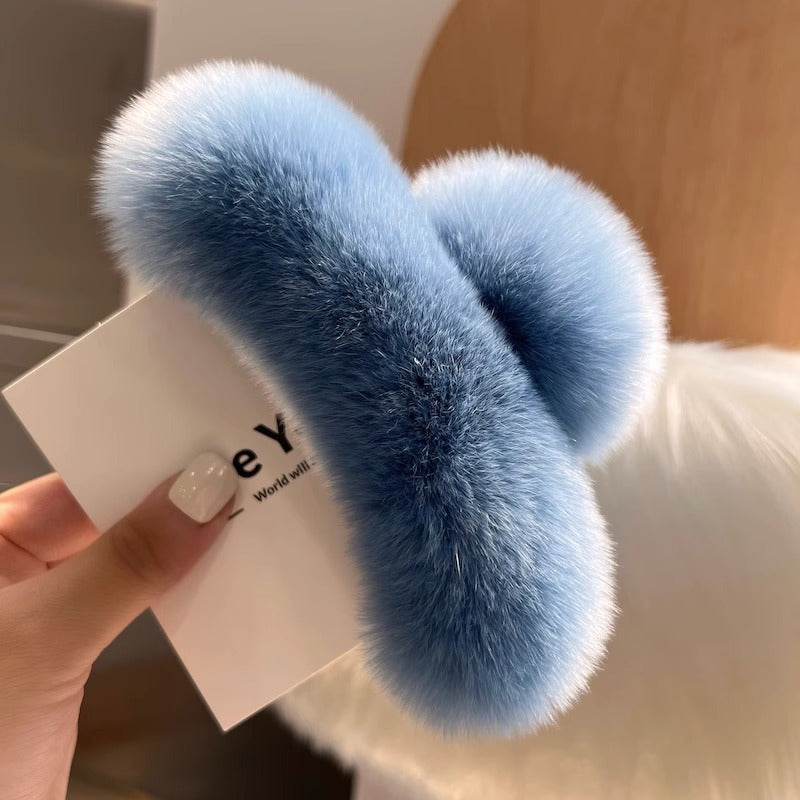 Luxurious rabbit fur hair claw clip in beige