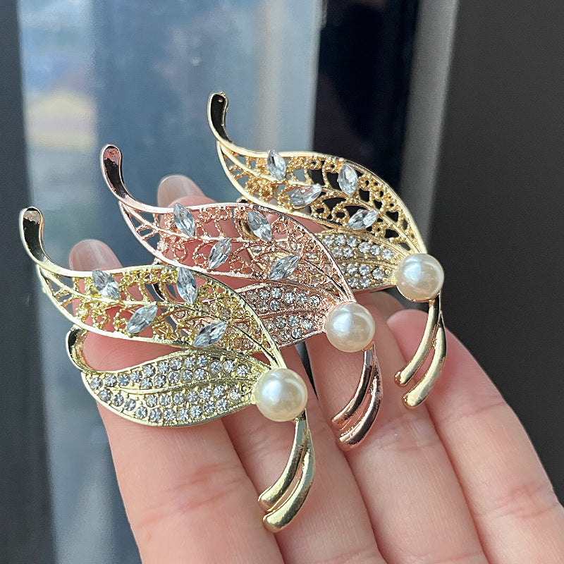 Leaf brooch pin with pearl accents