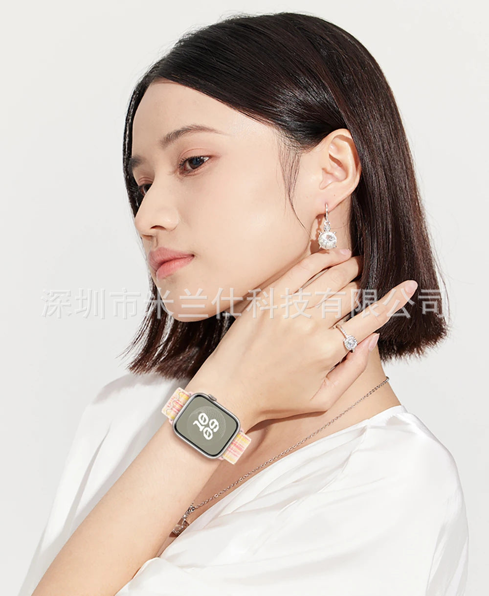 Stylish Nylon Braided Sports Band for Apple Watch - Compatible with Series 9/8/7/6/5/4/3/2/SE, Various Colors