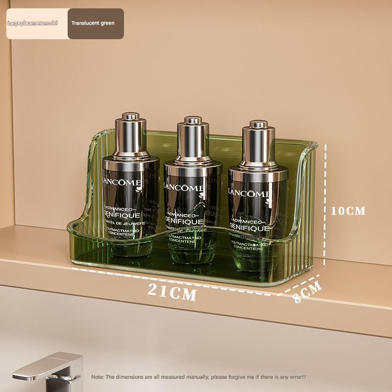 Acrylic makeup organizer on a vanity