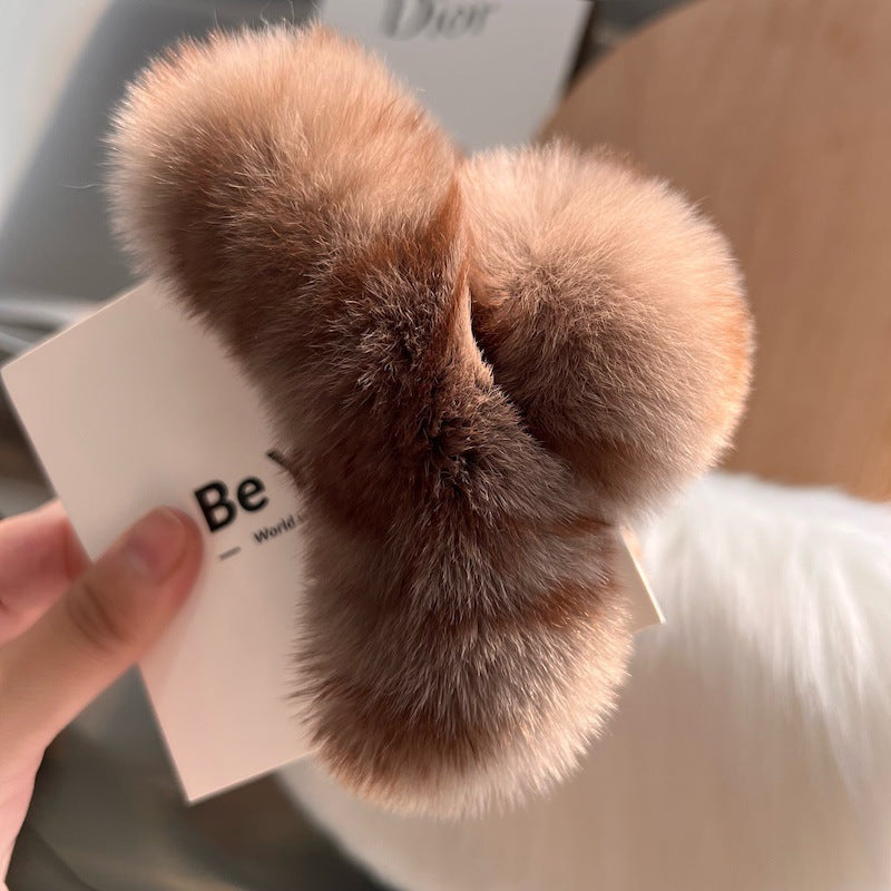 Trendy rabbit fur hair clip in leopard print