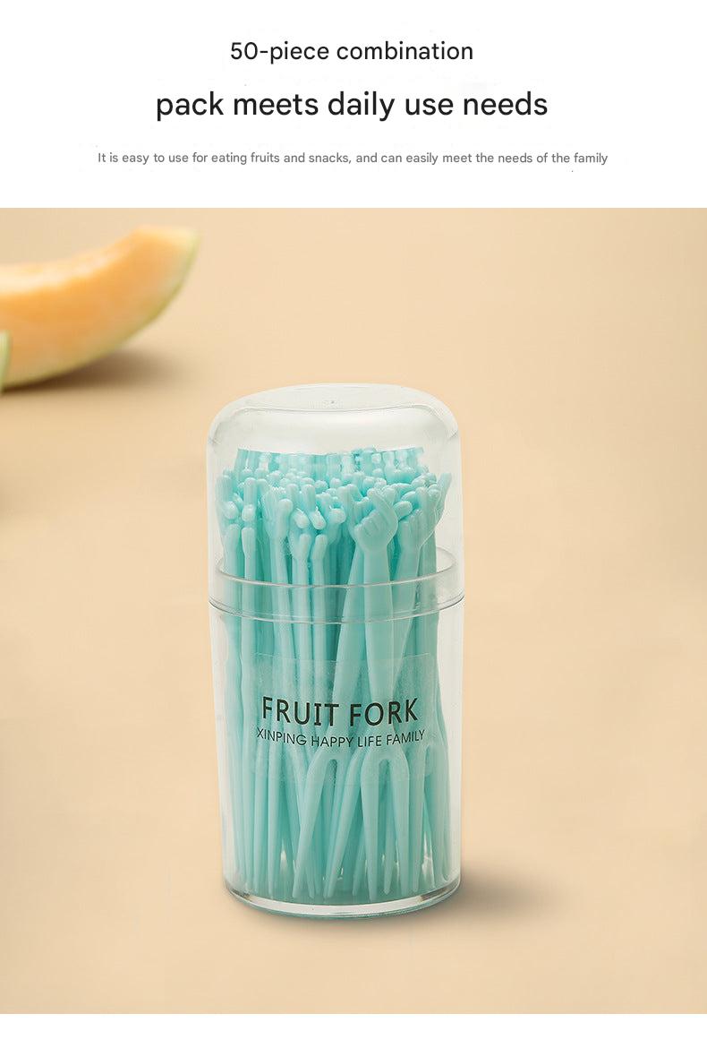 disposable fruit forks set in pink blue green colors