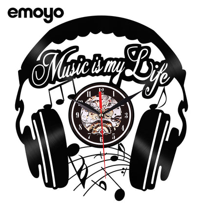 Interior with black vinyl wall clock adding decor