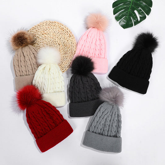 Knit beanie hat white with pom pom