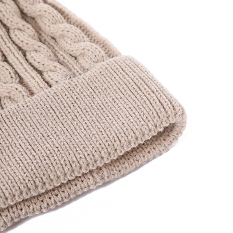 Knit beanie hat beige with pom pom