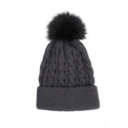 Knit beanie hat beige with pom pom