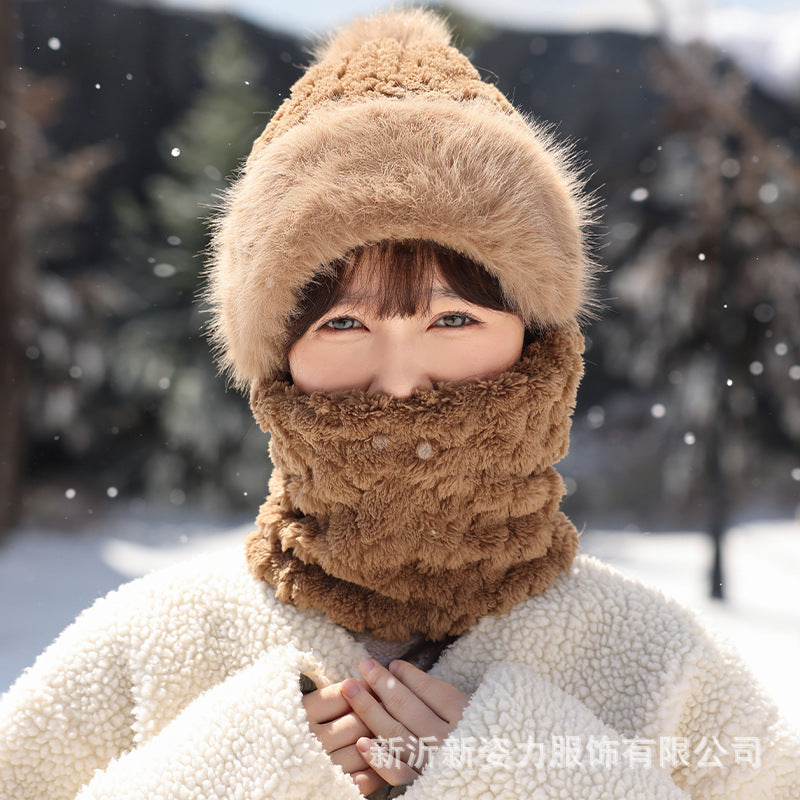 Cream winter hat styled with neck warmer