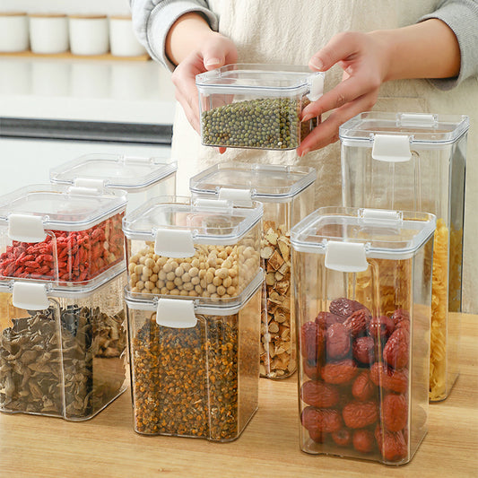 organized kitchen storage with plastic container