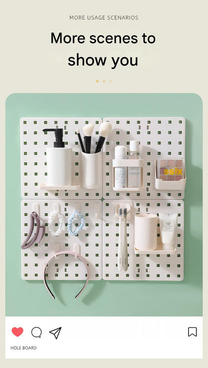 Dorm room setup with pegboard organizer
