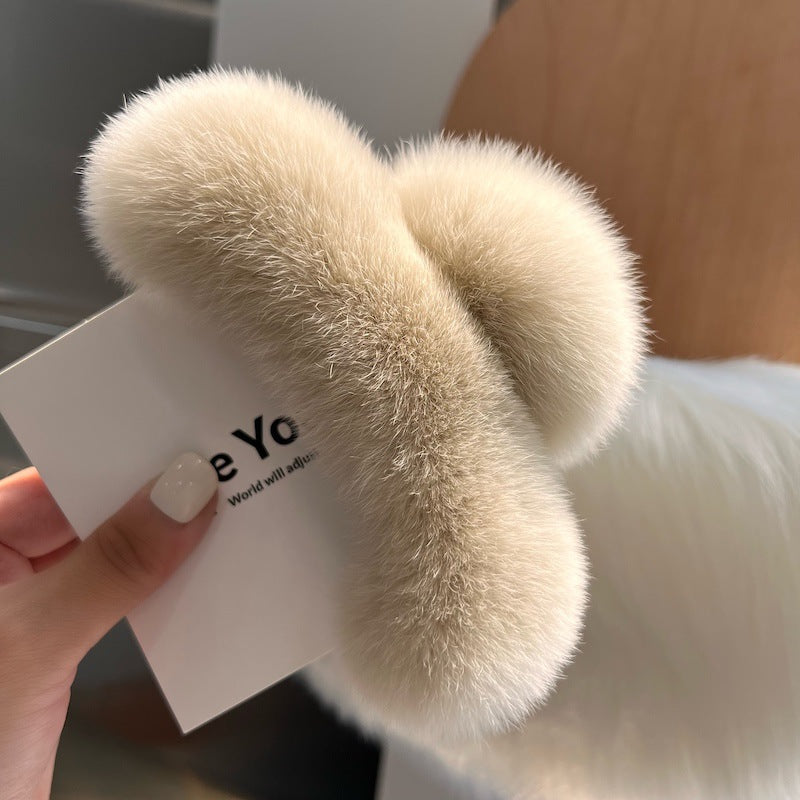 Trendy rabbit fur hair clip in leopard print
