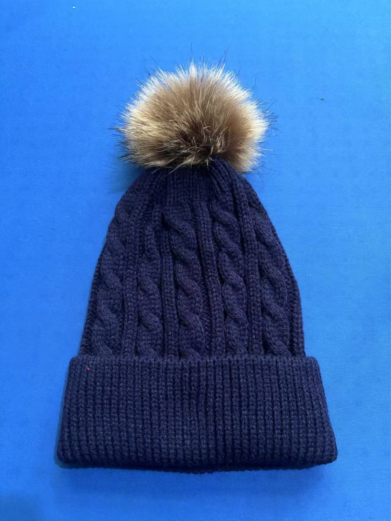 Knit beanie hat dark gray with pom pom