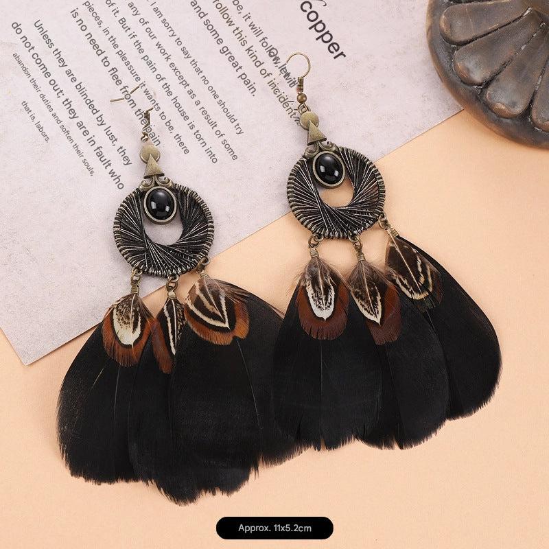 Bohemian Peacock Feather Tassel Earrings - Image 1
