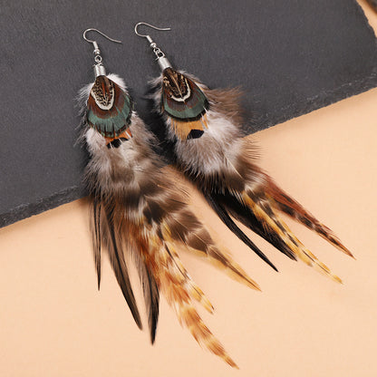 Long feather earrings in peacock blue