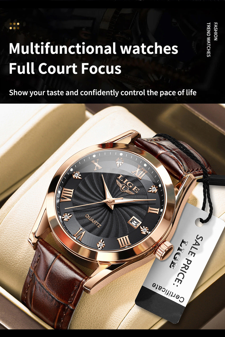 Waterproof men's business watch - angled view