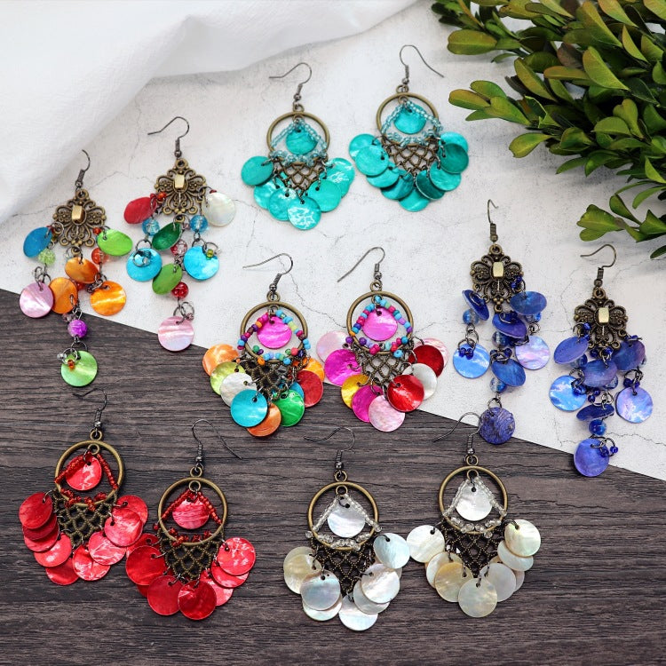 Colorful long tassel earrings displayed