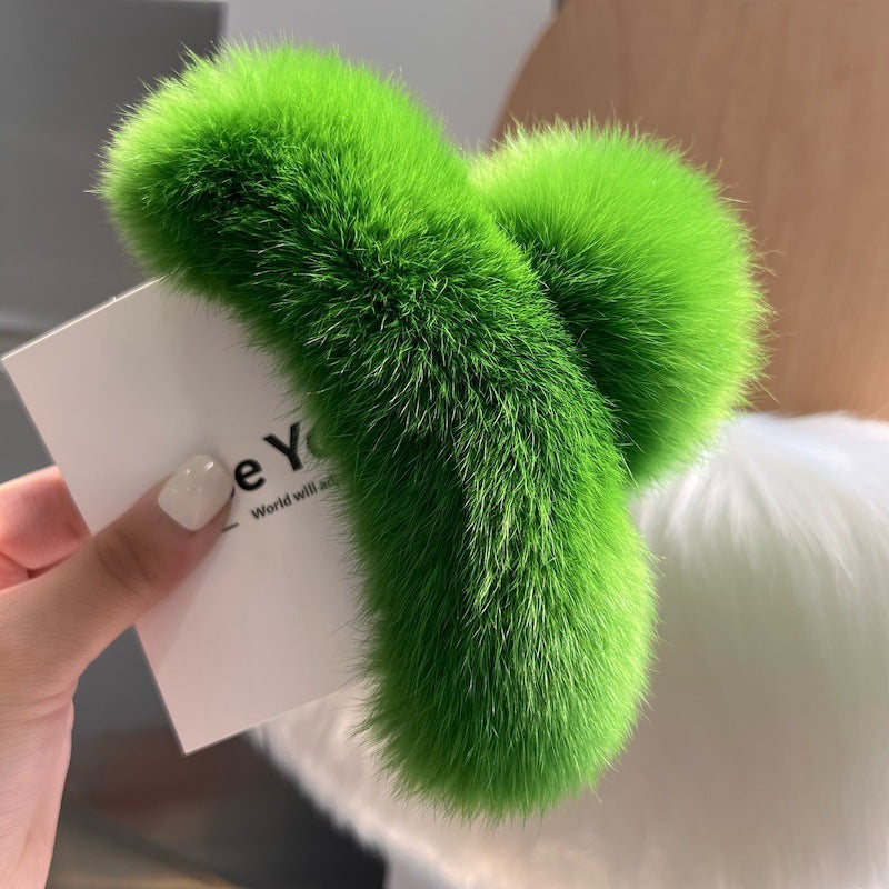 Luxurious rabbit fur hair claw clip in beige