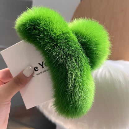 Luxurious rabbit fur hair claw clip in beige
