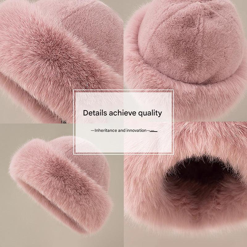 Pink knitted winter hat for women close-up