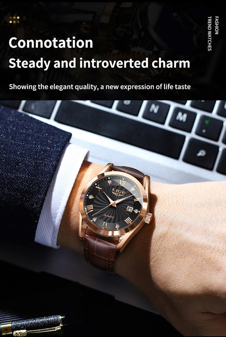 Stylish men's quartz watch with luminous dial
