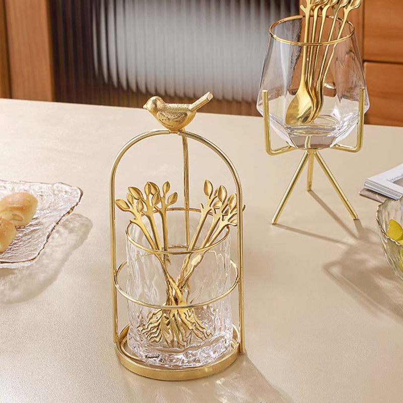 Gold stainless steel fruit fork stand view 1