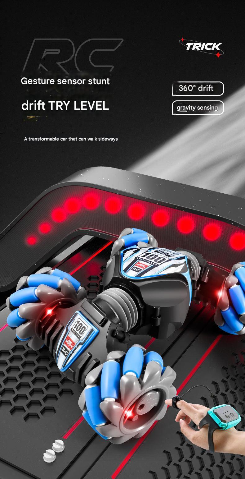remote control stunt car with blue and orange design