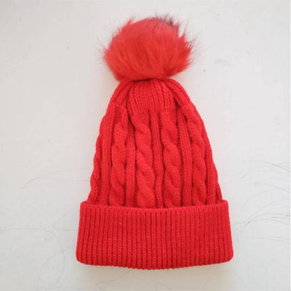 Knit beanie hat red with pom pom
