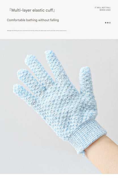 User demonstrating exfoliating gloves in the shower