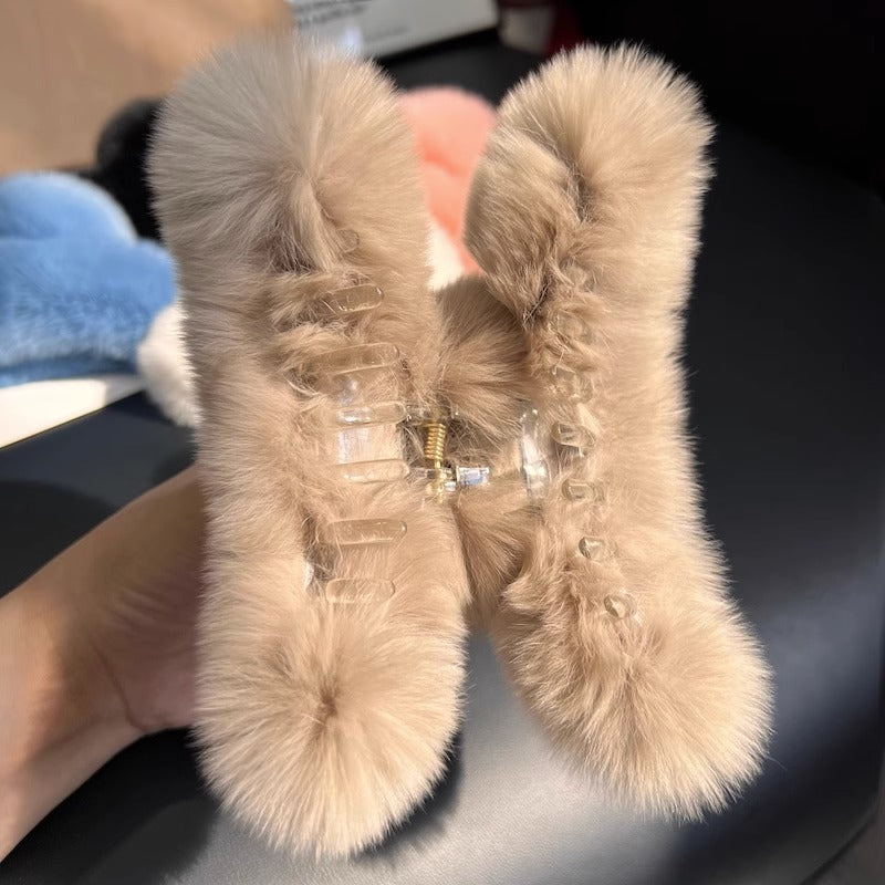 Luxurious rabbit fur hair claw clip in beige