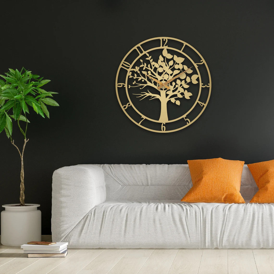 Artistic metal wall clock in living room setting
