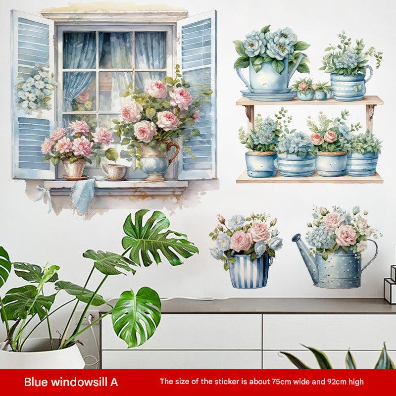 Blue floral wall decal in bedroom