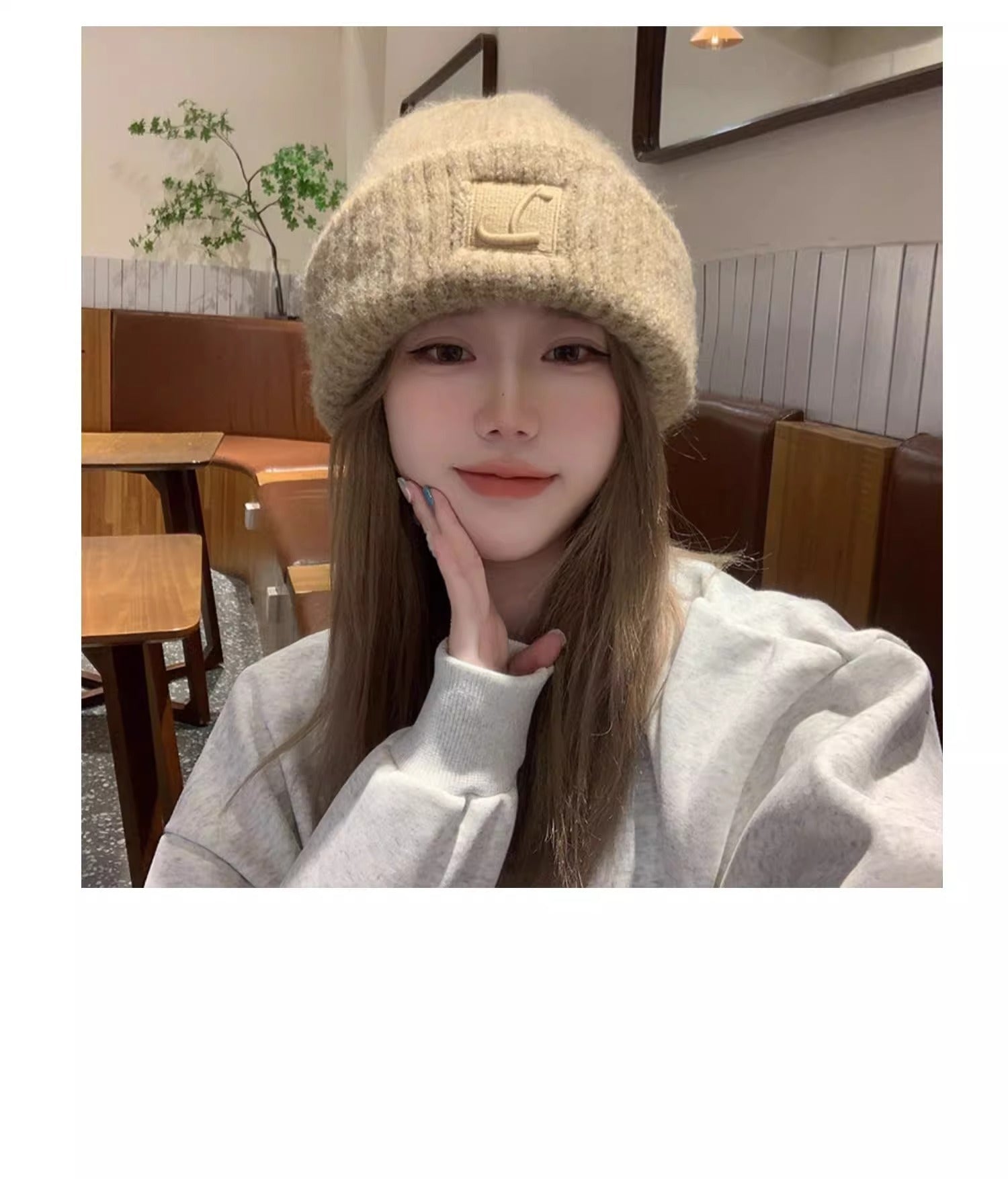 women's winter knit beanie hat - khaki color