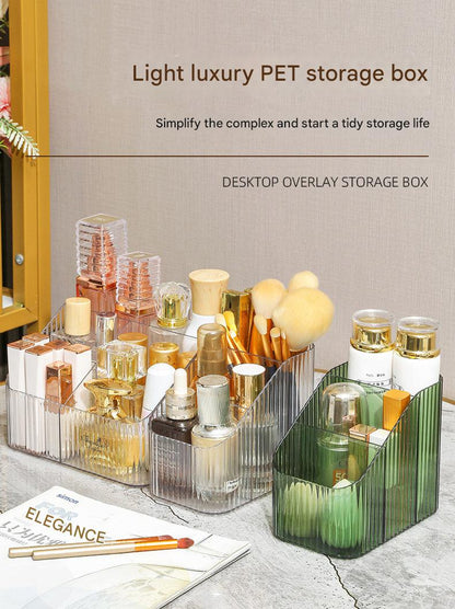 Close-up of makeup organizer compartments