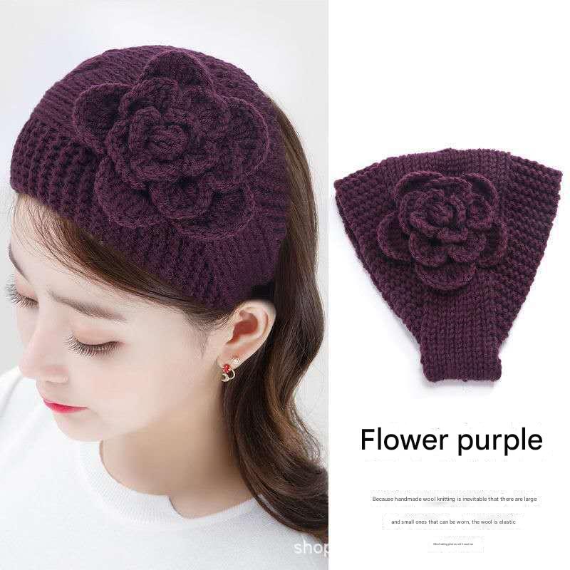 Cozy knitted floral headband - wine red
