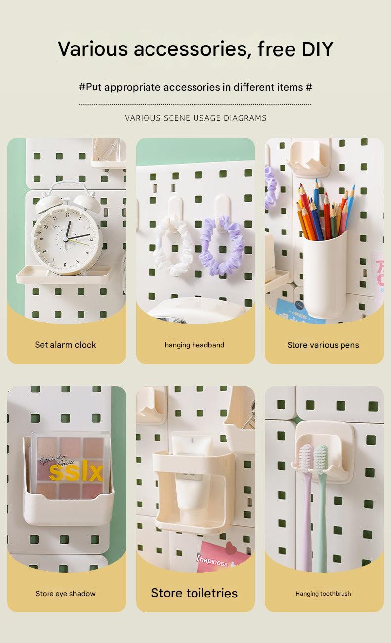 Wall-mounted organizer with colorful storage boxes
