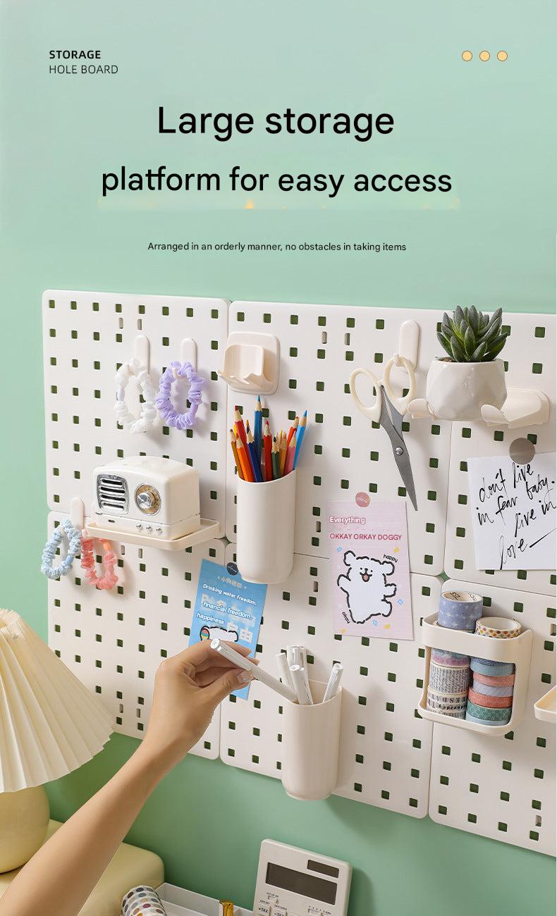 Pegboard organizer in a bathroom setting