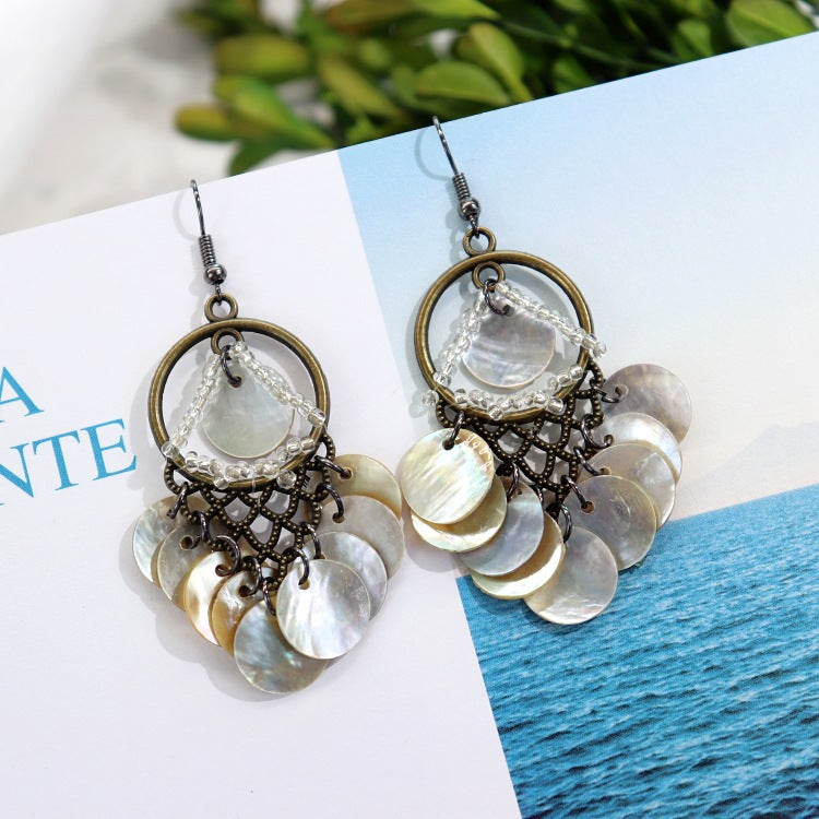 Bohemian shell earrings hanging with tassels