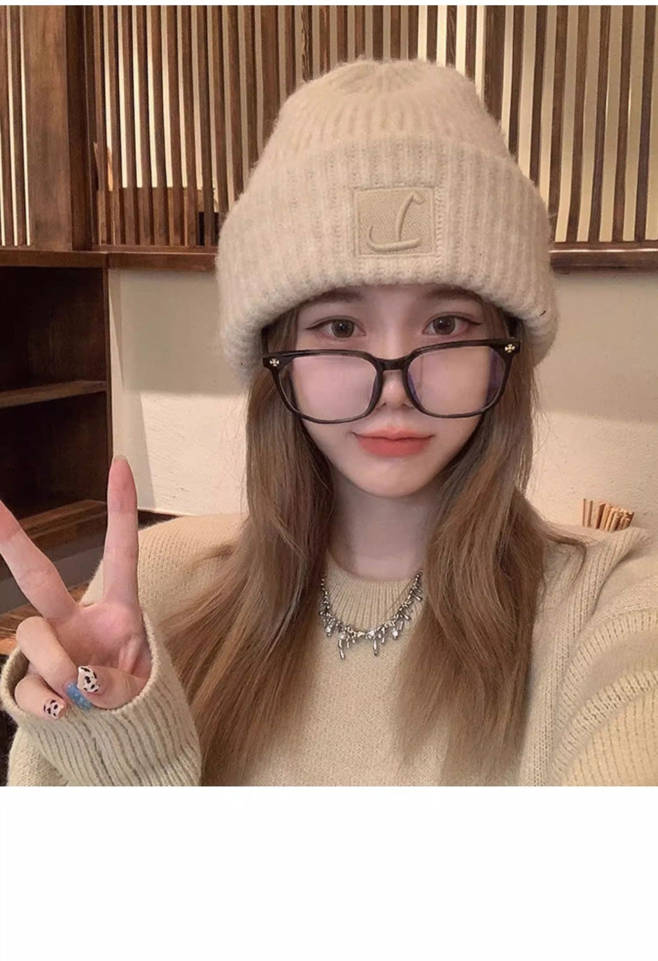 women's winter knit beanie hat - cream color