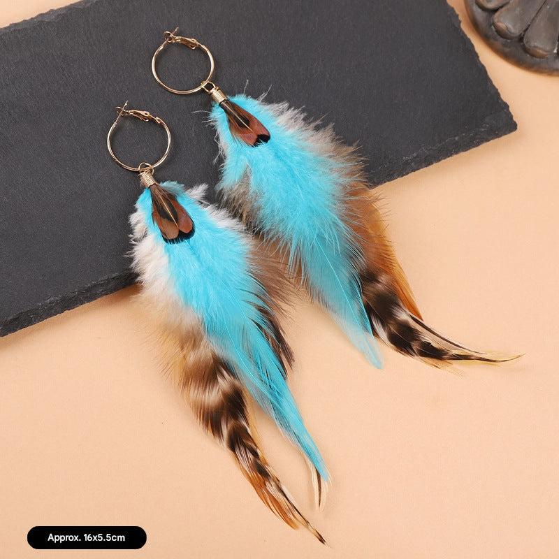 Long feather earrings in peacock blue