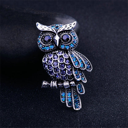 Owl Brooch with Crystals - Antique Gold