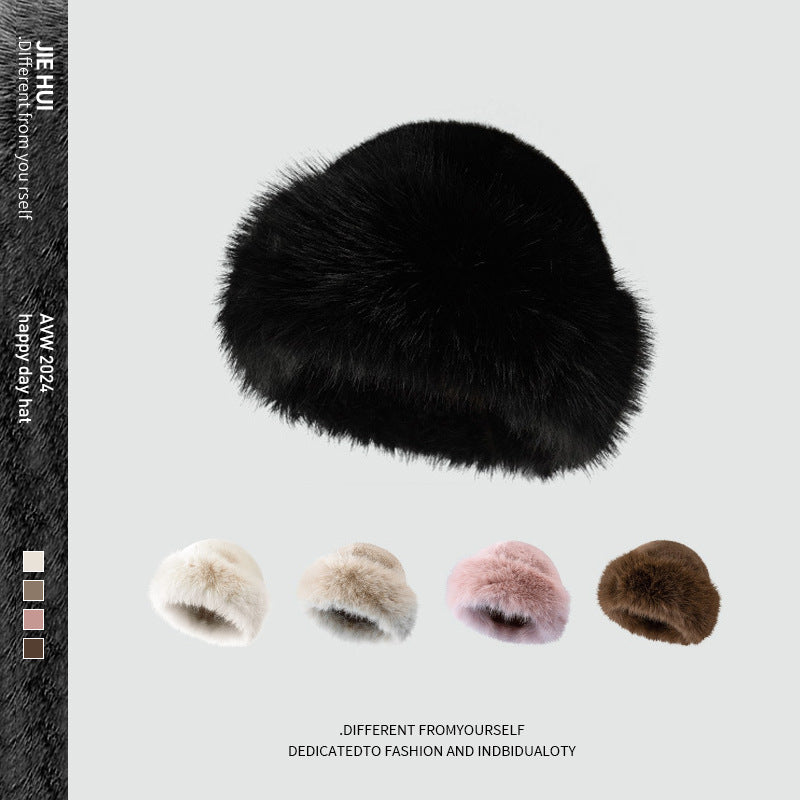 Faux rabbit fur winter beanie hat for women - white