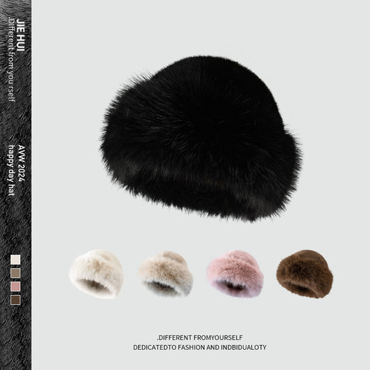 Faux rabbit fur winter beanie hat for women - white