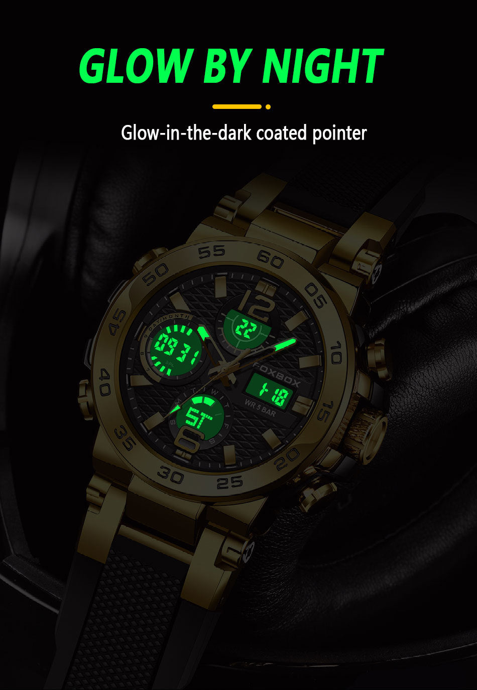 Close-up of waterproof quartz watch by FOXBOX