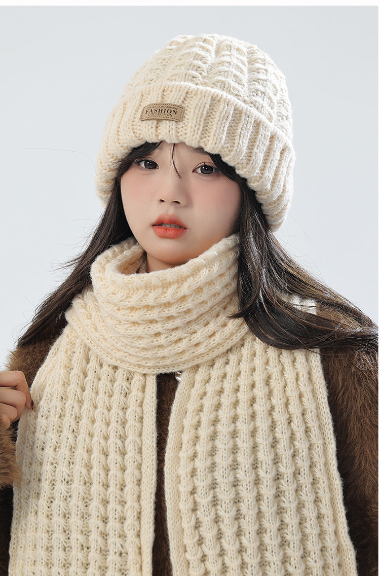 Stylish beige knit hat with matching scarf