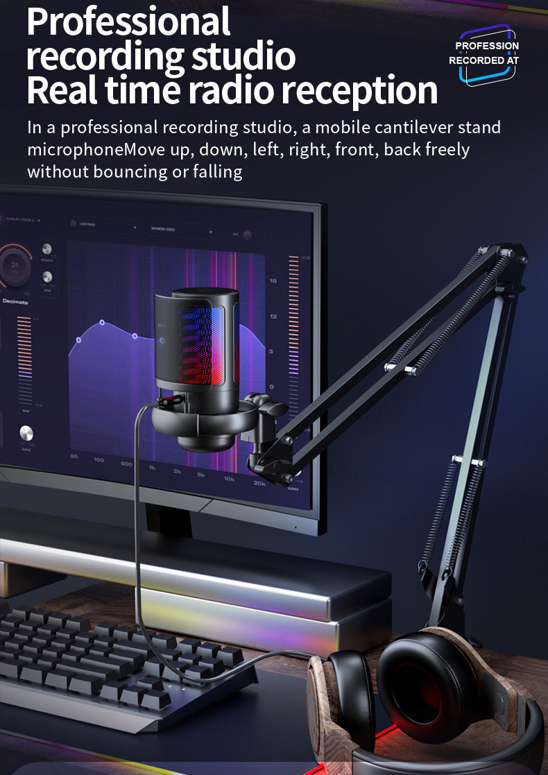 Microphone on adjustable arm with computer setup