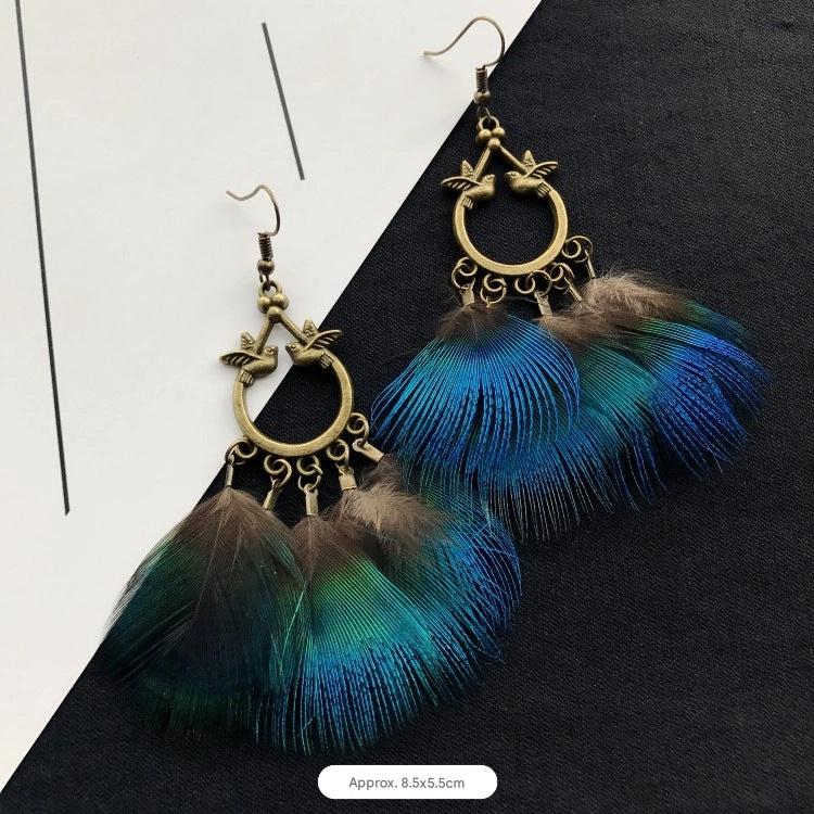 Bohemian Peacock Feather Tassel Earrings - Image 1