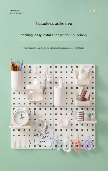 Wall-mounted organizer with colorful storage boxes